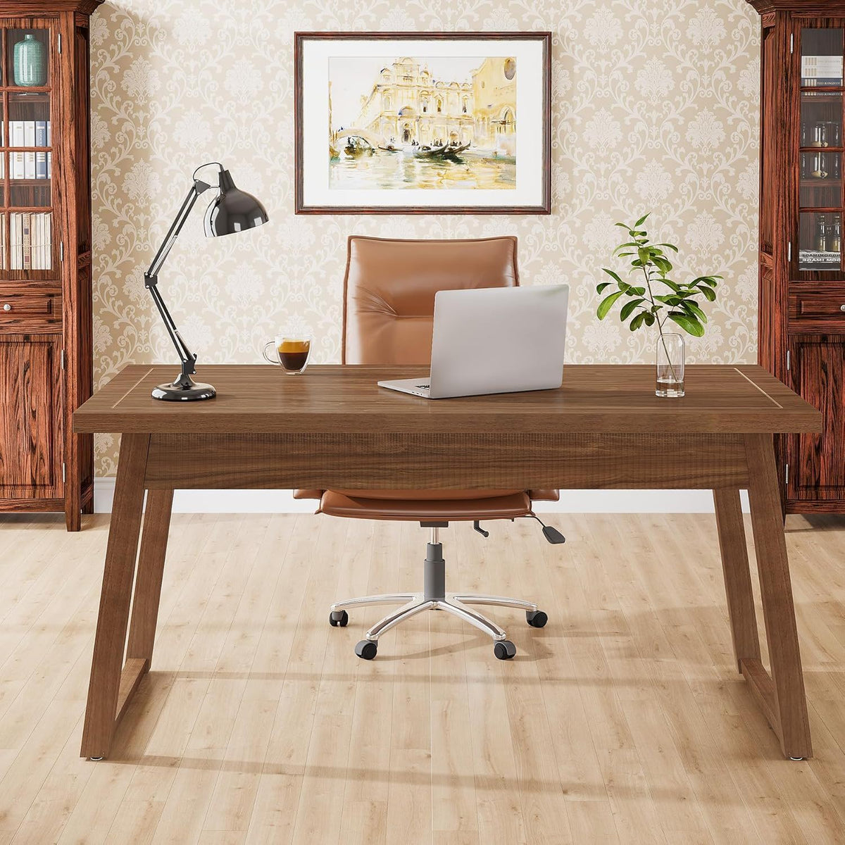 Walnut Brown Executive Desk with Drawer - Mid-Century Modern Wood