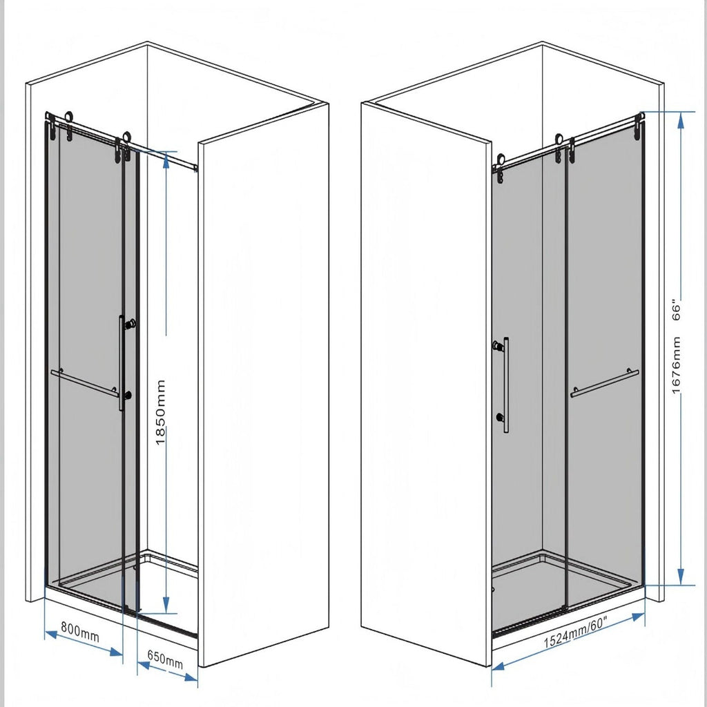 Frameless Sliding Bathtub Door with Tempered Glass - Black or Gray