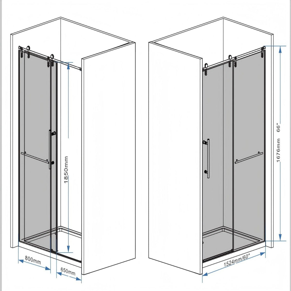 Frameless Sliding Bathtub Door with Tempered Glass - Black or Gray
