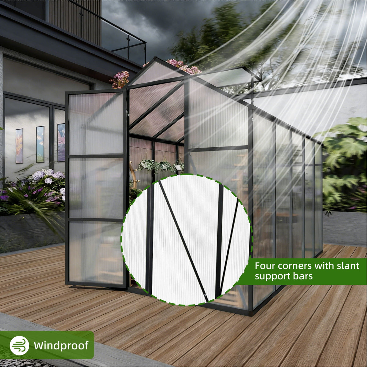 Windproof Greenhouse with Raised Base - Polycarbonate Panels - Black