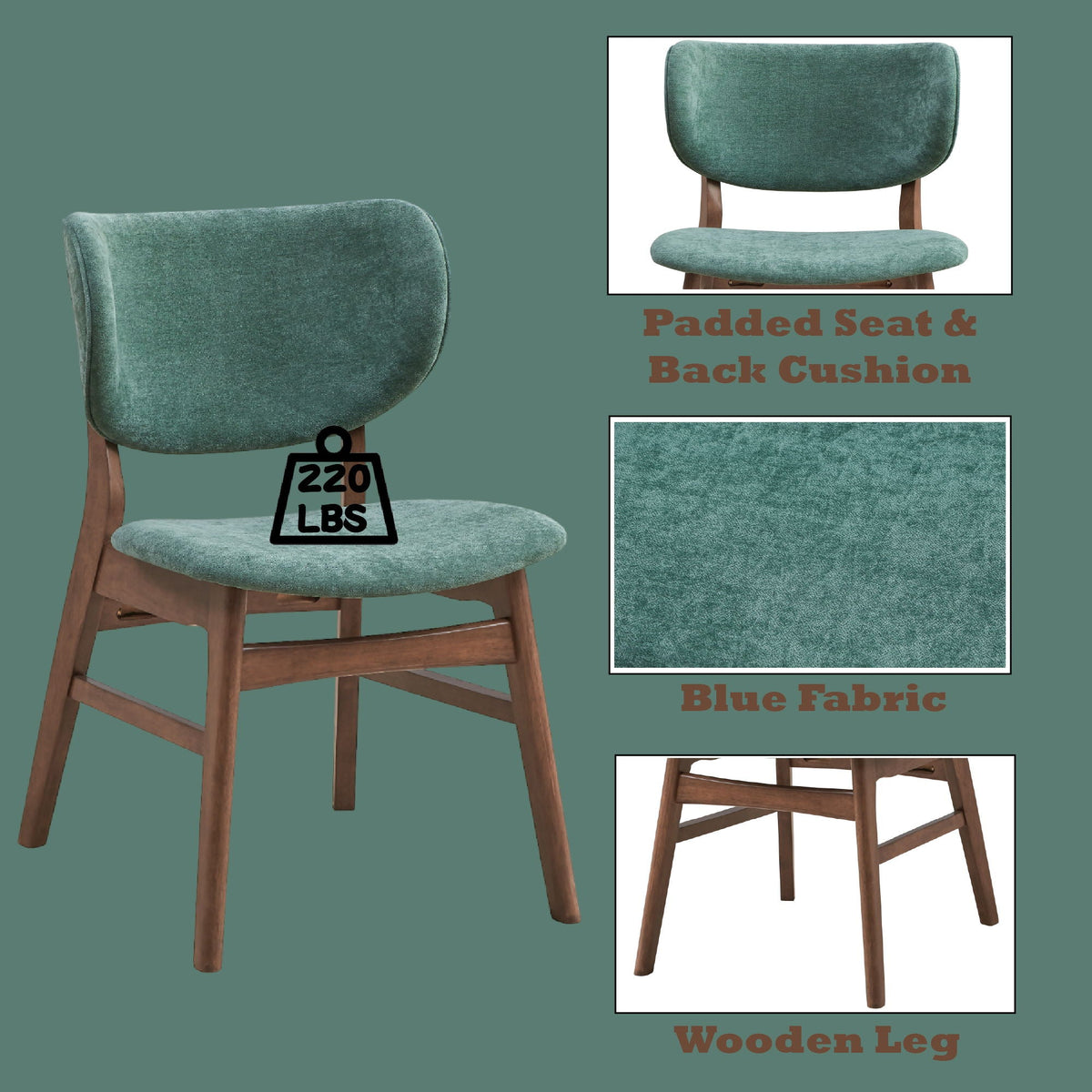 Bevis Side Chair Set with Padded Cushion - Blue or Dark Green