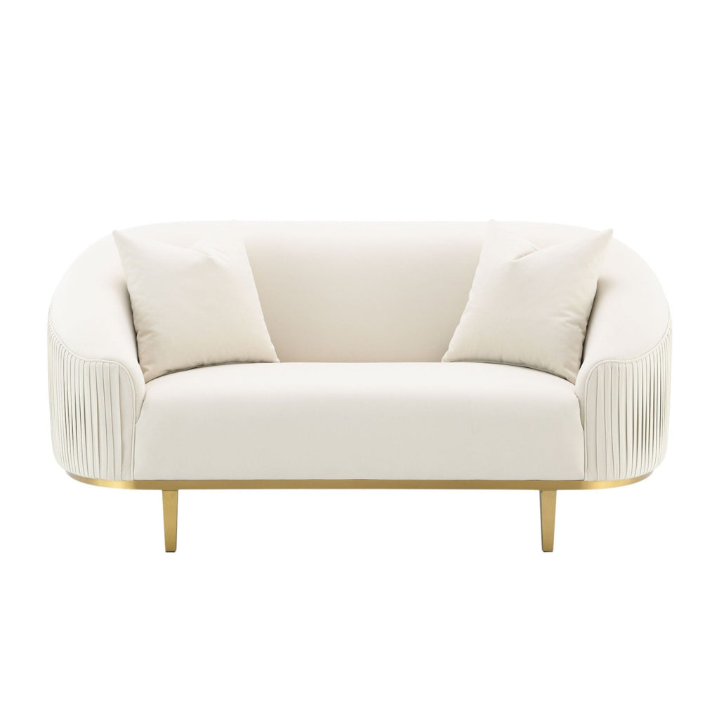 Ivory Loveseat with 2 Pillows and Metal Legs - Velvet Upholstery