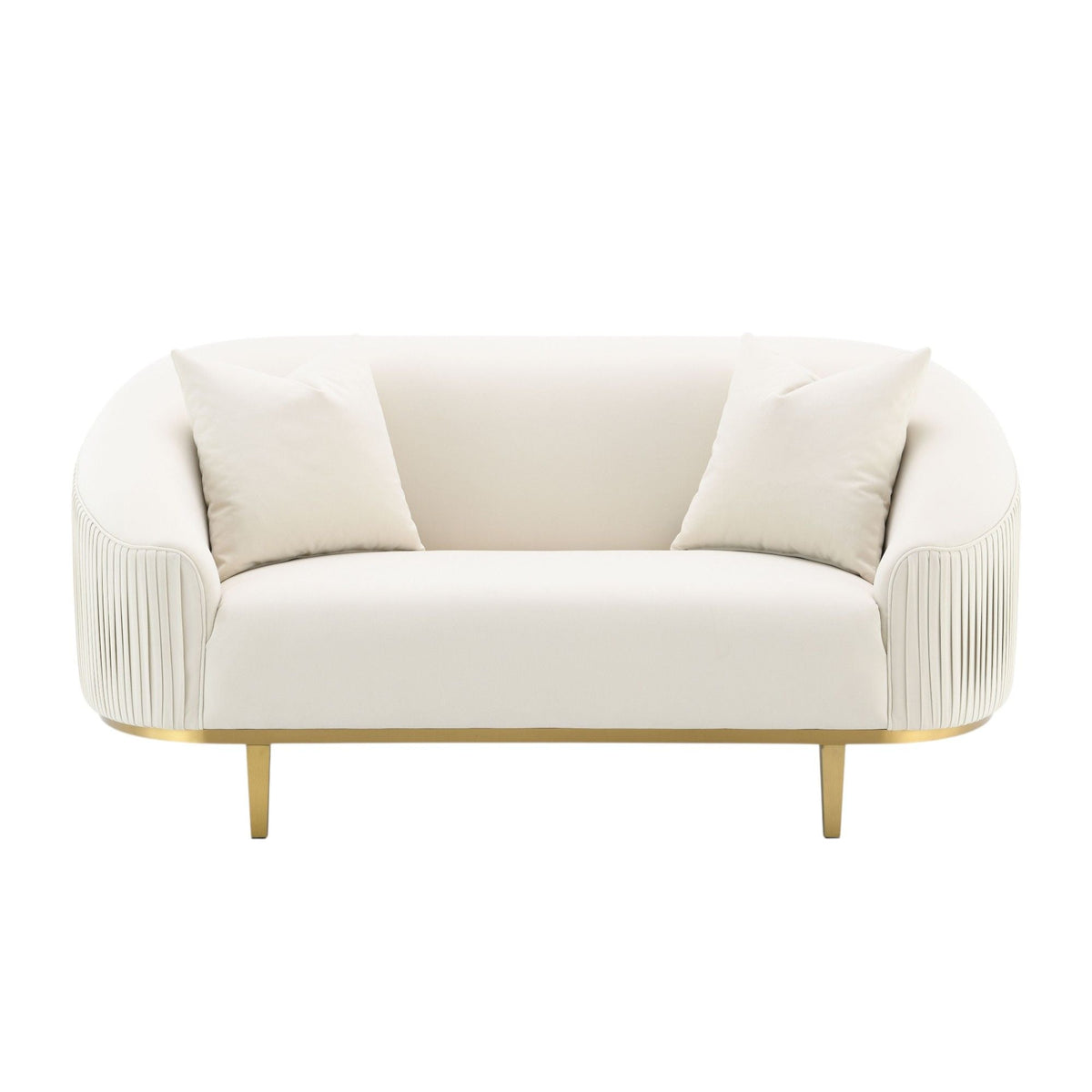 Ivory Loveseat with 2 Pillows and Metal Legs - Velvet Upholstery