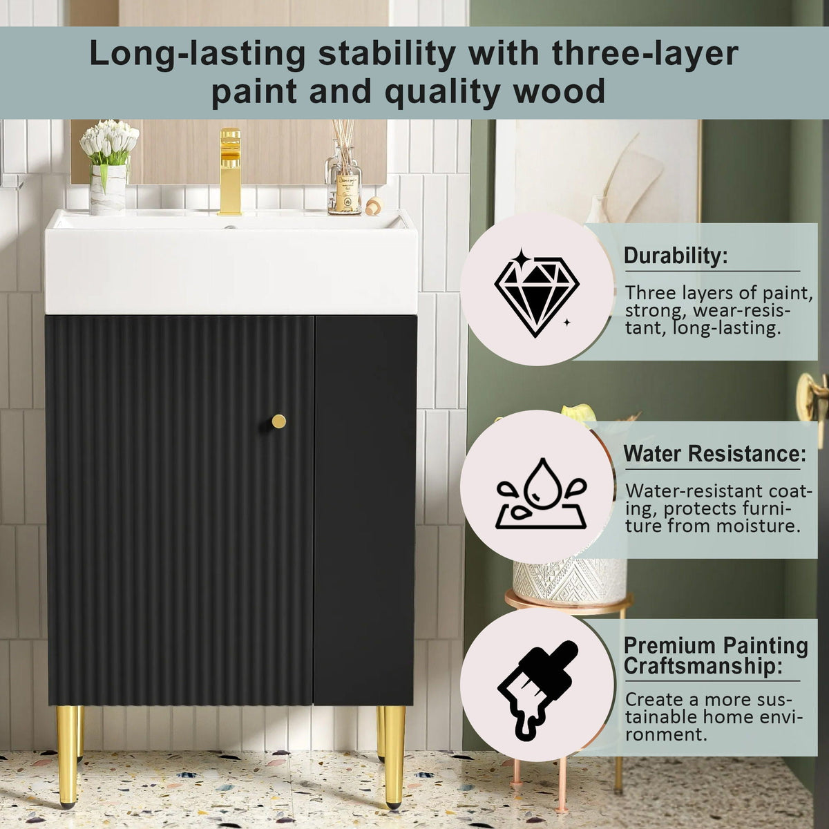 Bathroom Vanity with Single Ceramic Sink and Side Storage - Multiple Colors
