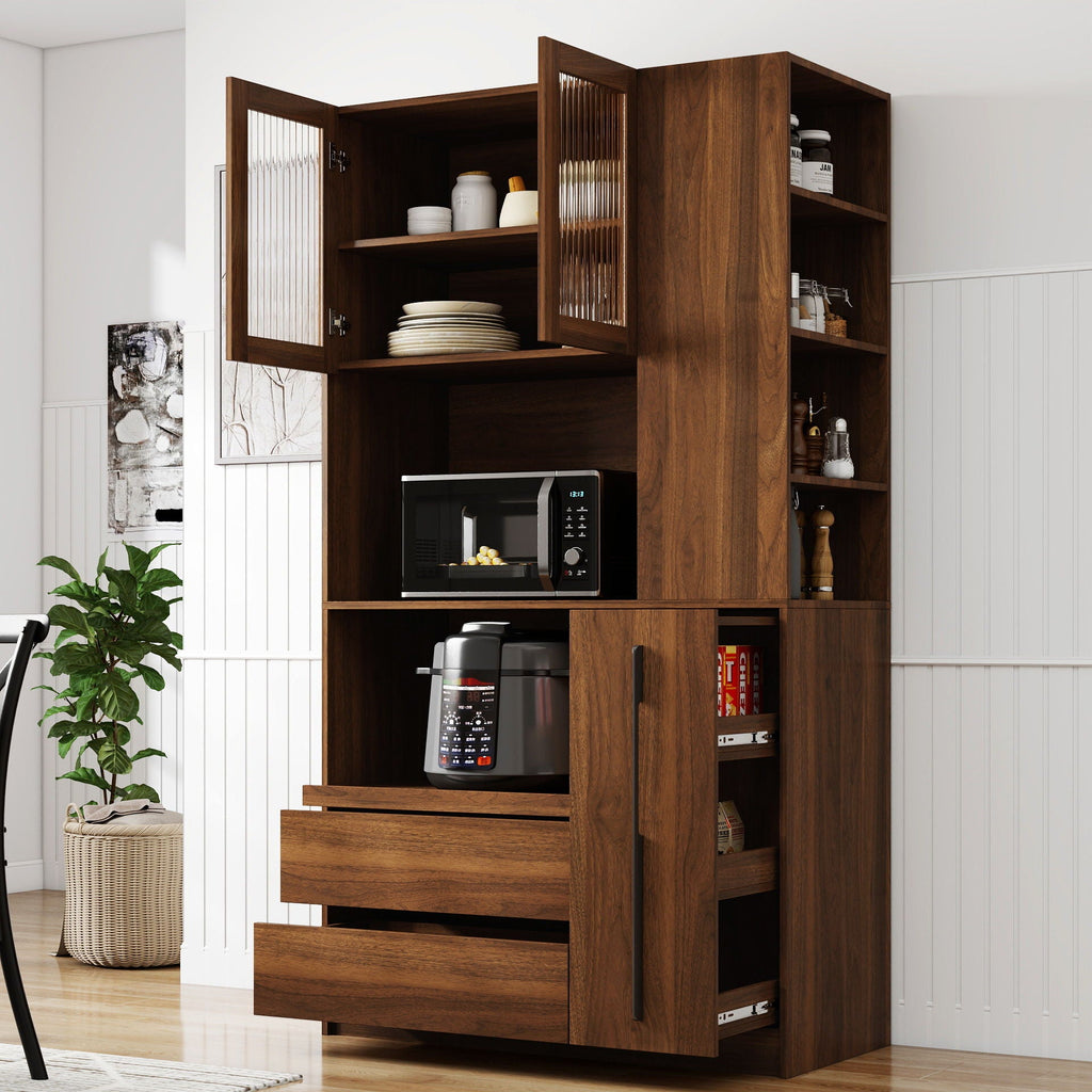 Tall Kitchen Pantry Cabinet with 4 Tier Side Shelf - Walnut