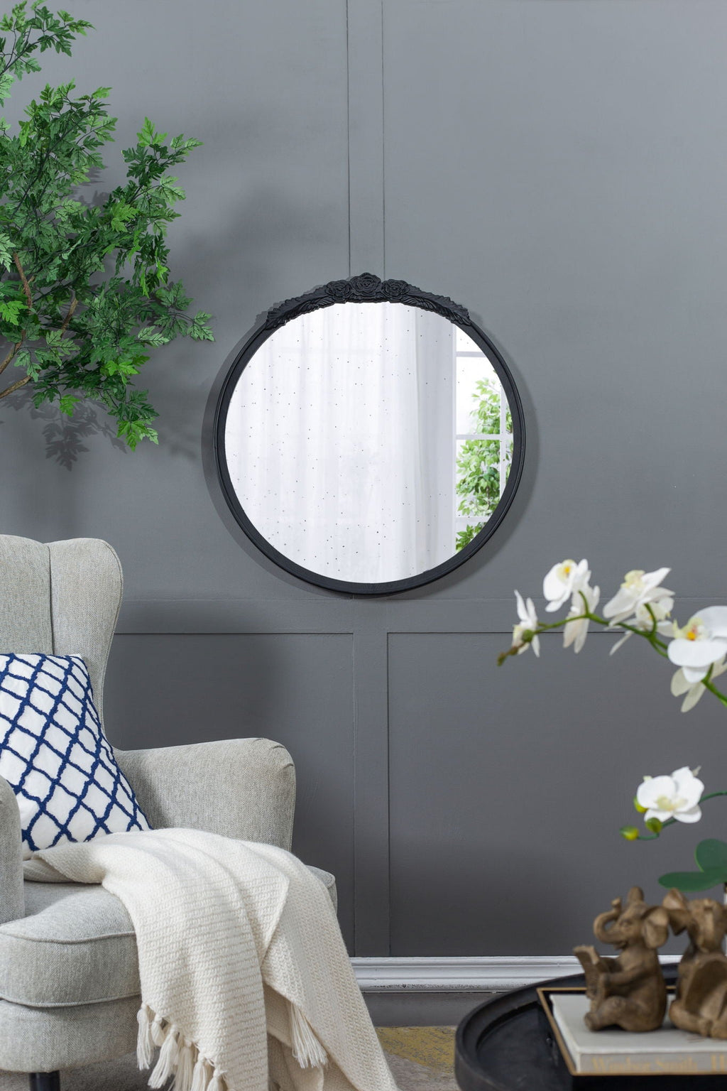 Round Hand Carved Rose Antique Wall Mirror with Intricate Detailing - Light Brown or Black
