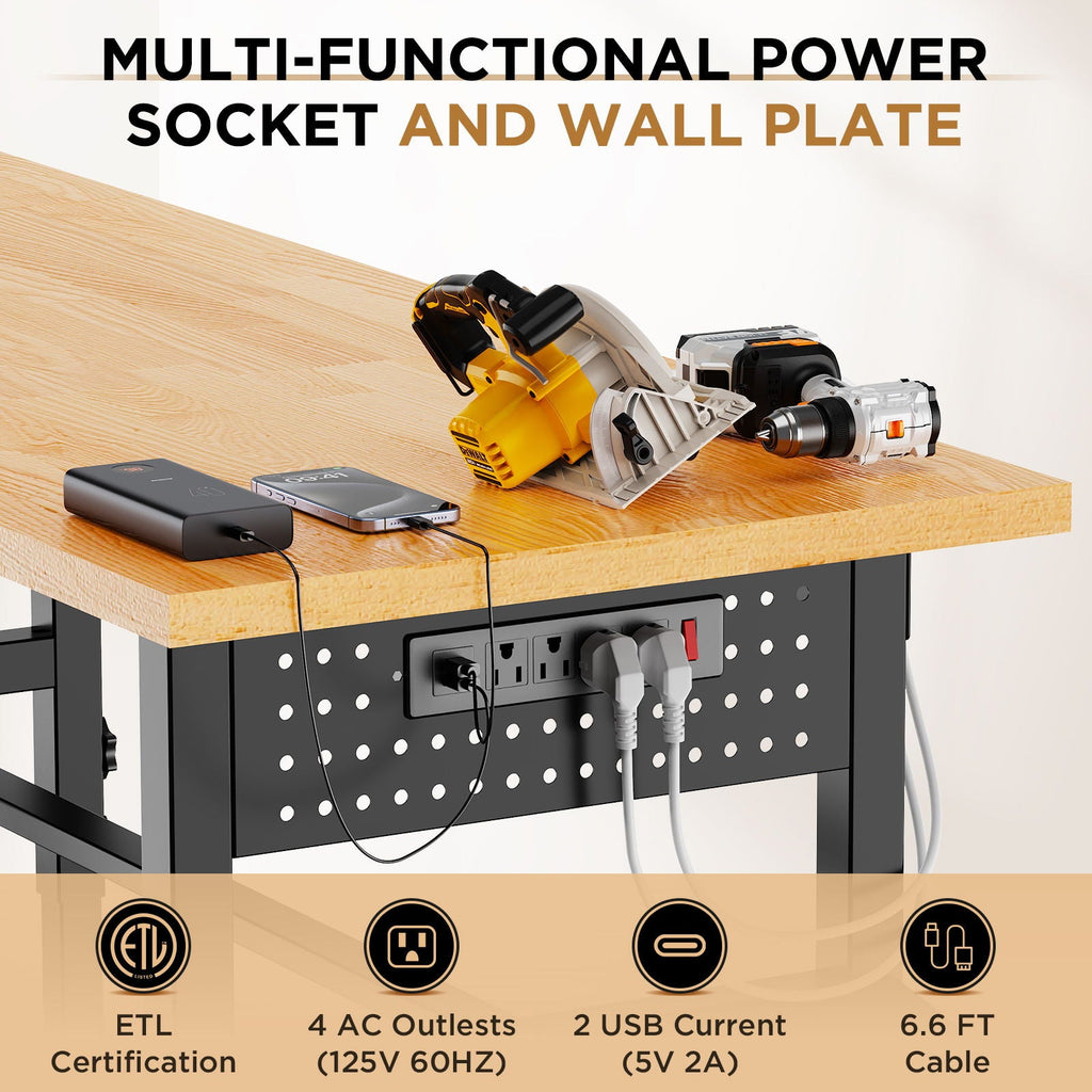 Adjustable Workbench with Pegboard and Power Outlet - Black
