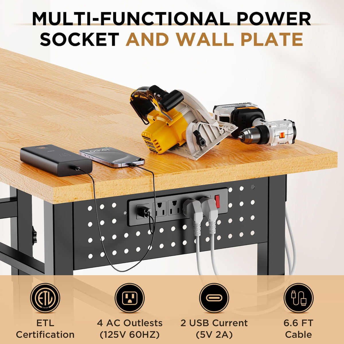 Adjustable Workbench with Pegboard and Power Outlet - Black