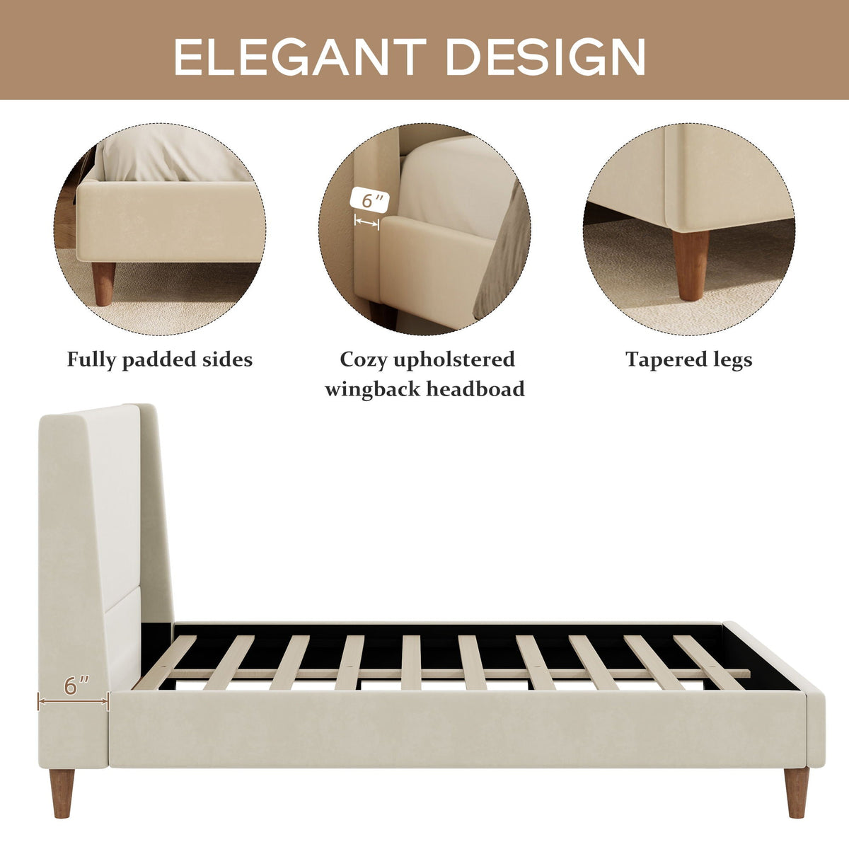 Upholstered Modern Platform Bed with Wingback Headboard - Beige or White
