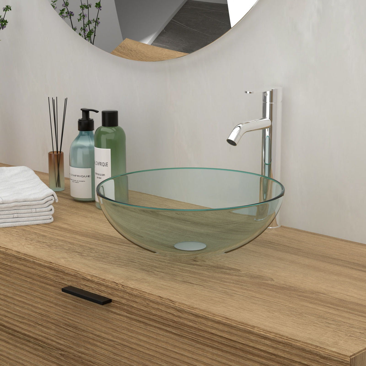 Tempered Glass Vessel Sink with Pop-Up Drain - White, Pearl Silver, Dark Brown, Dark Gray