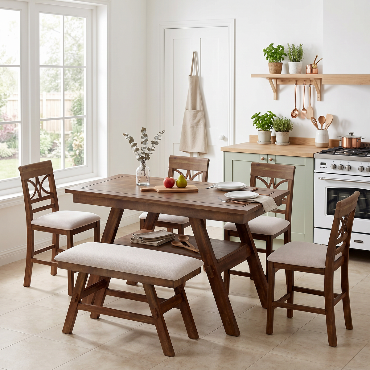 Counter Height 6-Piece Wood Dining Set with Storage Shelf - Walnut