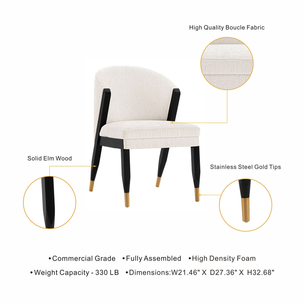 Ola Dining Chair with Solid Elm Wood Frame and High-Density Foam - Beige, Gray, or Dark Gray