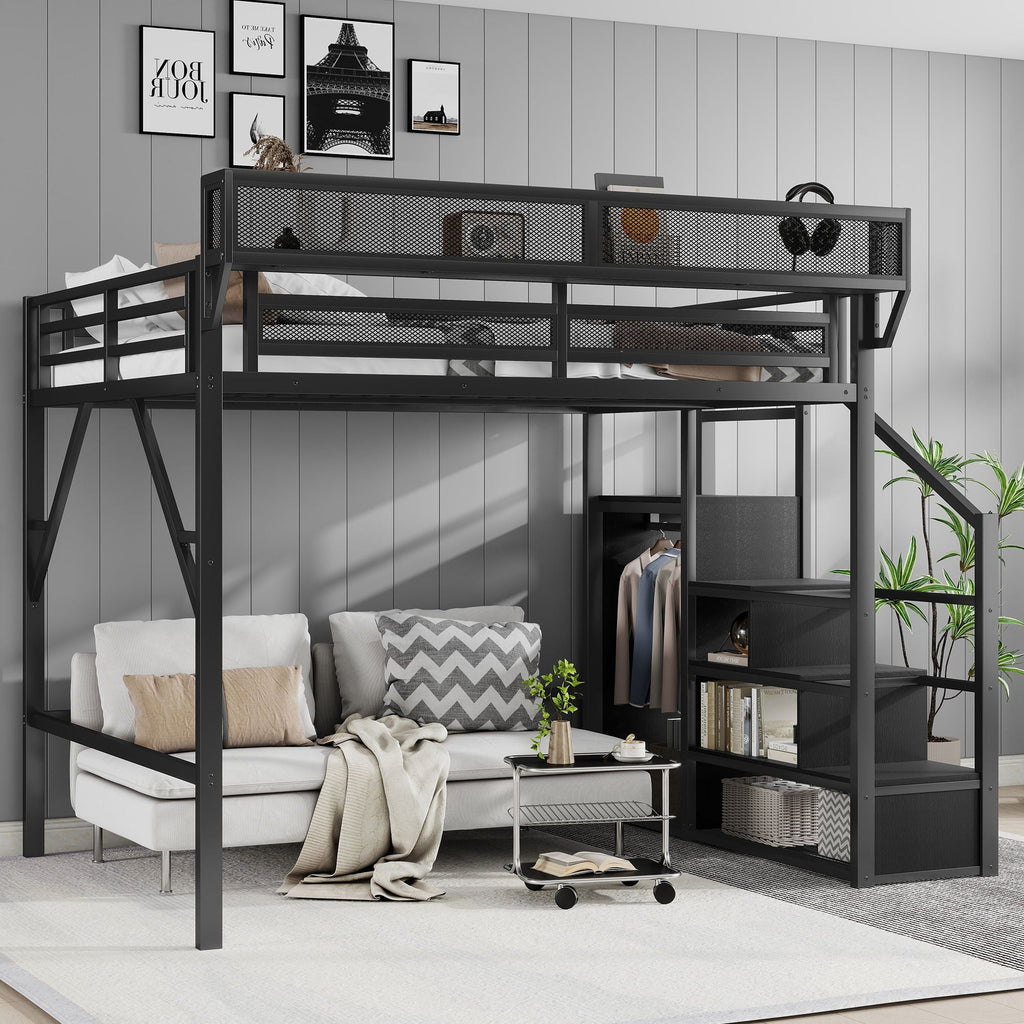 Queen Size Loft Bed with Stairs and Storage Shelves - Black