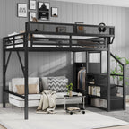 Queen Size Loft Bed with Stairs and Storage Shelves - Black