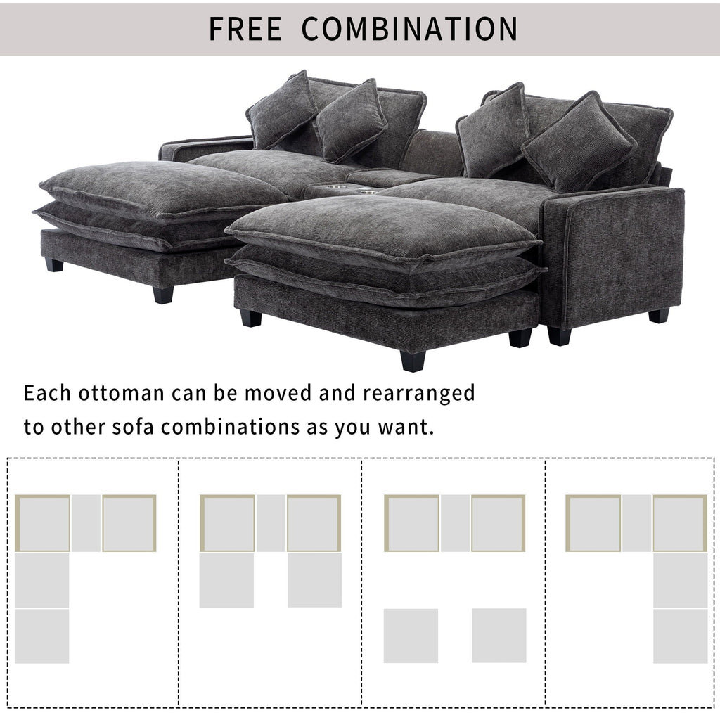 Modern Sectional Sofa with Removable Ottomans, USB Ports - Dark Gray or Light Blue