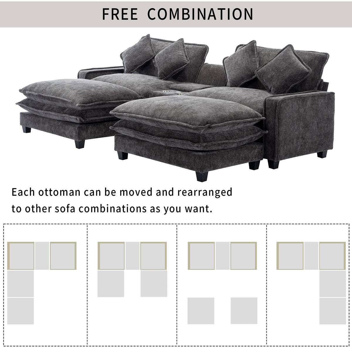 Modern Sectional Sofa with Removable Ottomans, USB Ports - Dark Gray or Light Blue
