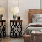 Round End Table Nightstand with Metal Frame - Brown / Black