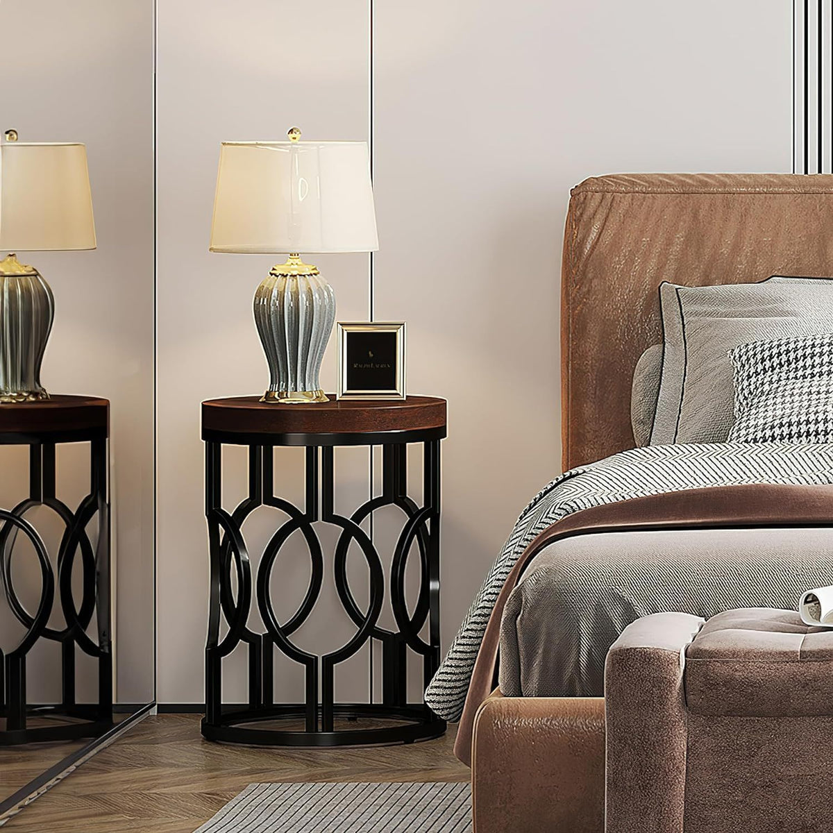 Round End Table Nightstand with Metal Frame - Brown / Black