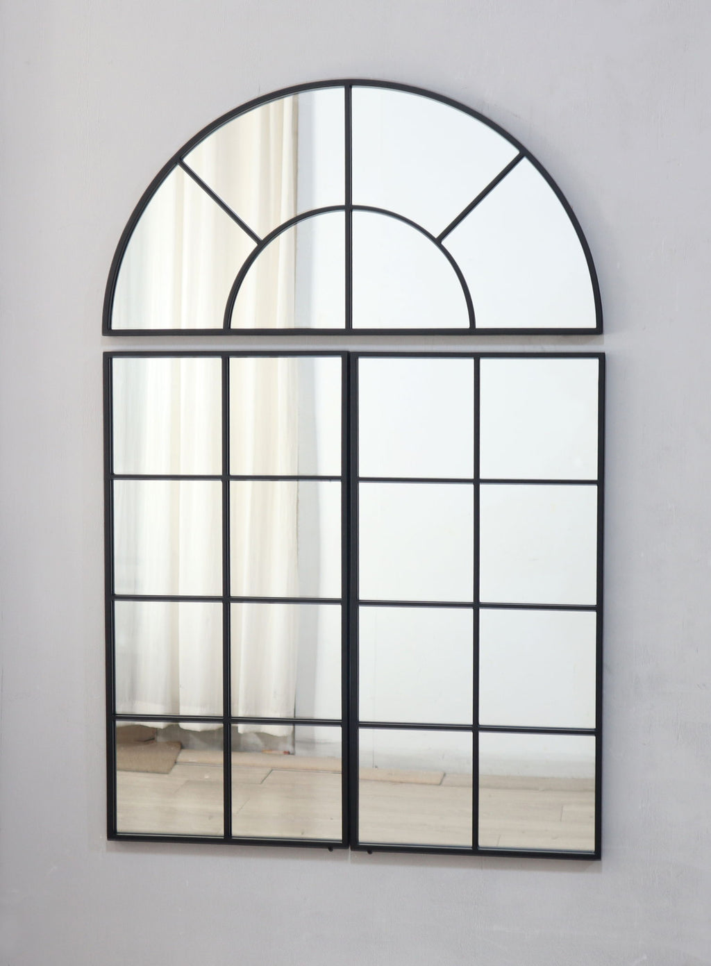 Large Arched Wall Mirror with 3 Separate Sections - Black