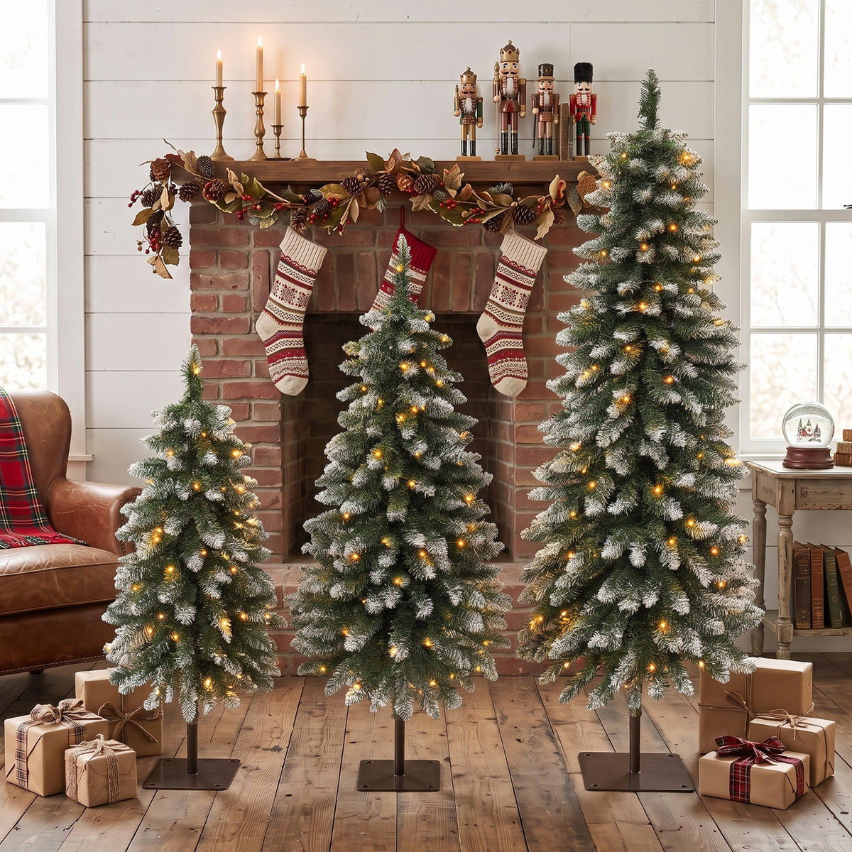 Pre-Lit Snow Flocked Pencil Christmas Tree Set - White (3-Pack)