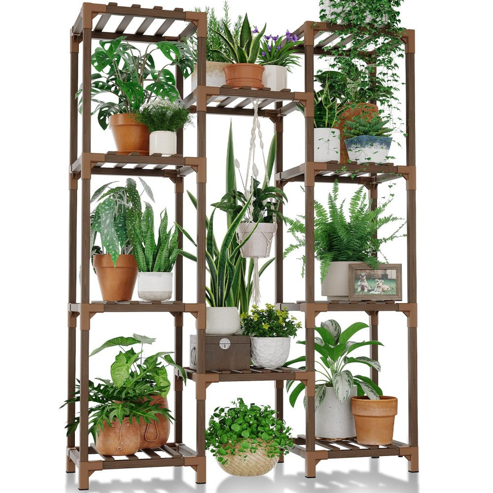 Wood Plant Stand with 10 Shelves - Eucalyptus Finish