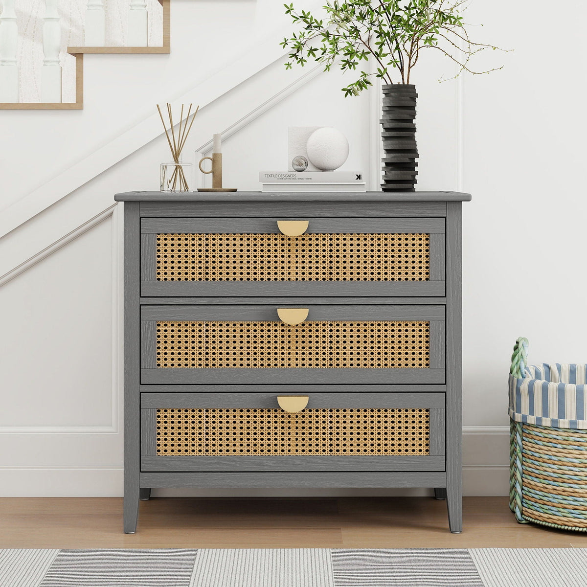 3 Drawer Cabinet, Natural Rattan