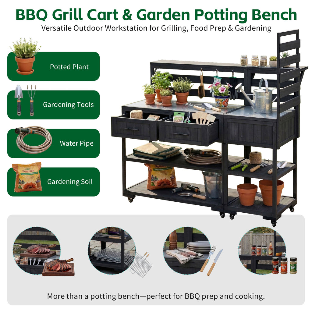 Solid Wood Patio Kitchen Island with Stainless Steel Top - Available in Black, Brown, or Gray