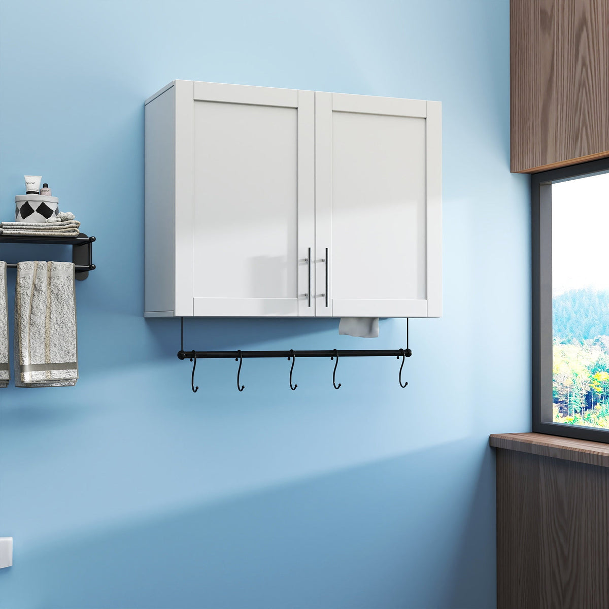 Bathroom Wall Cabinet with Adjustable Shelf and Towel Bar - White