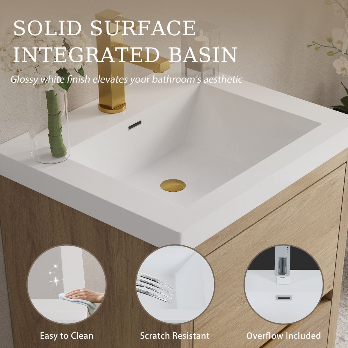 24" Wall-Mounted Bathroom Vanity with Stone Resin Sink - Light Wood