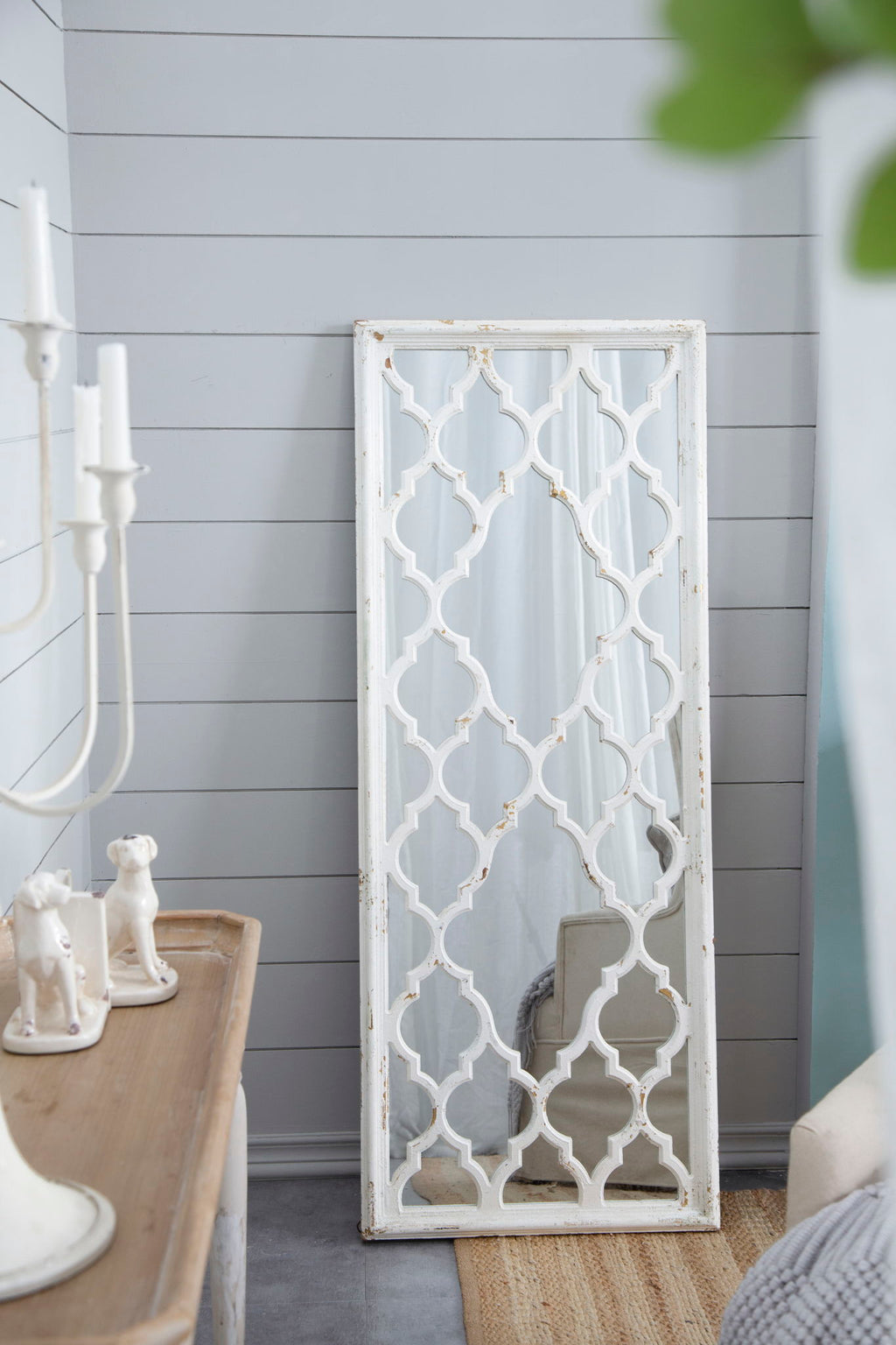 Distressed Floor Mirror with Full Body View - White