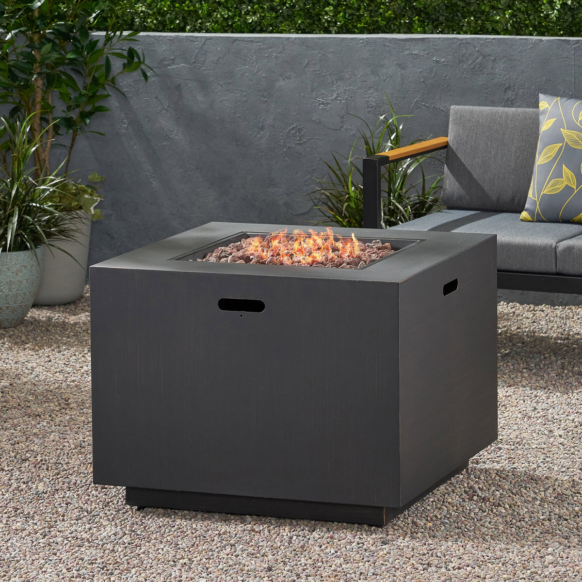 Outdoor Iron Square Propane Fire Pit with 50,000 BTU - Brushed Brown