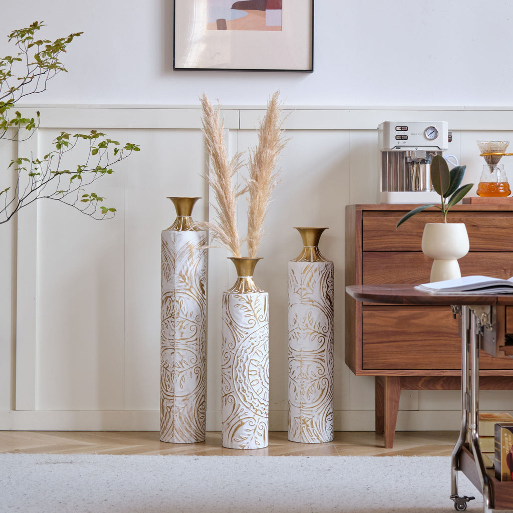White / Gold Metal Floor Vases Set of 3 with Durable Modern Design