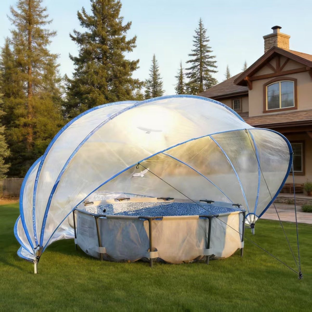 18ft Ground-Mounted Retractable Pool Cover with Fiberglass Rods - Blue