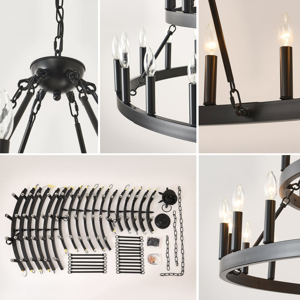 3 Tiers Wagon Wheel Chandelier with 54 Lights - Matte Black