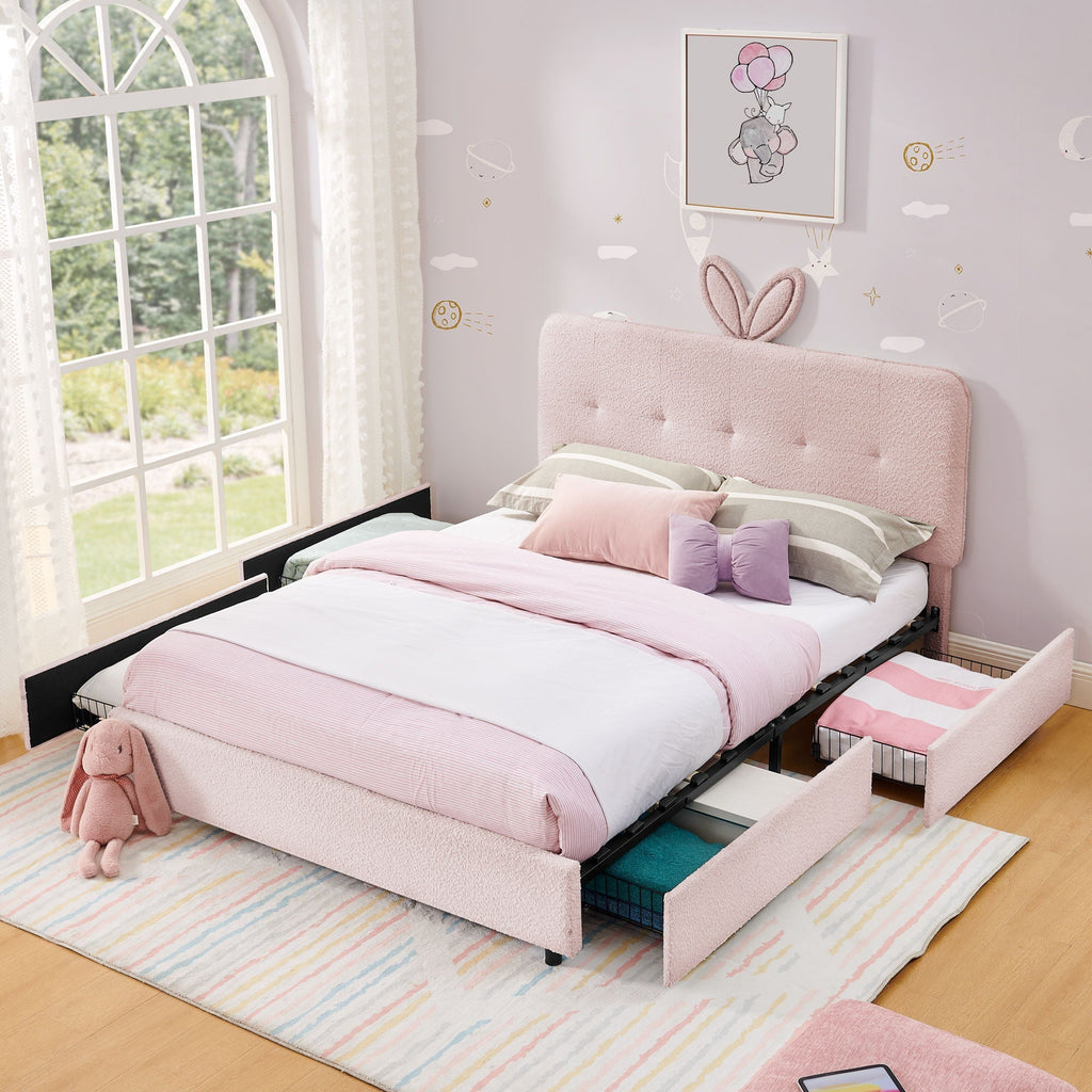 Upholstered Storage Bed with Oversized Rabbit Ear Headboard & LED Lights - Beige or Light Blue