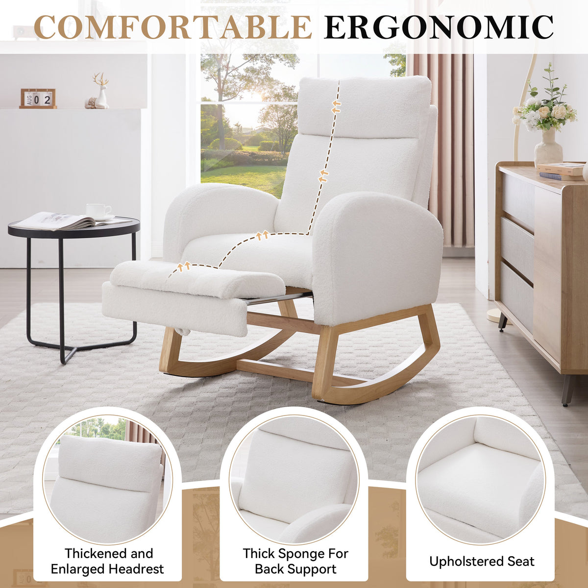 Teddy Fabric Rocking Chair with Adjustable Footstool - Beige