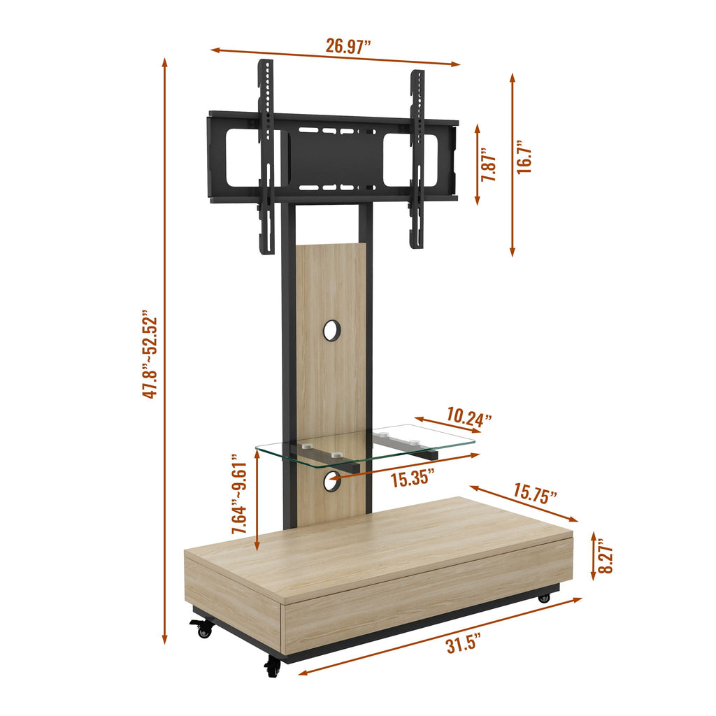 Mobile TV Cart with Push Pull Drawer and Lockable Wheels - Black or Light Brown
