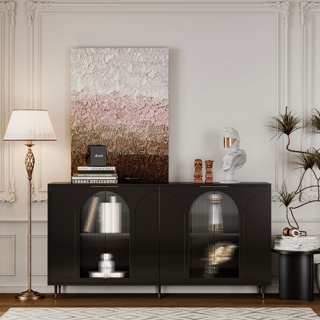 Lacquered Wooden Sideboard with 4 Glass Doors - Black