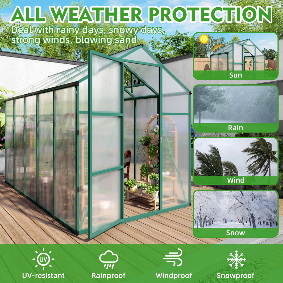 Polycarbonate Walk-In Greenhouse with Raised Base - Green