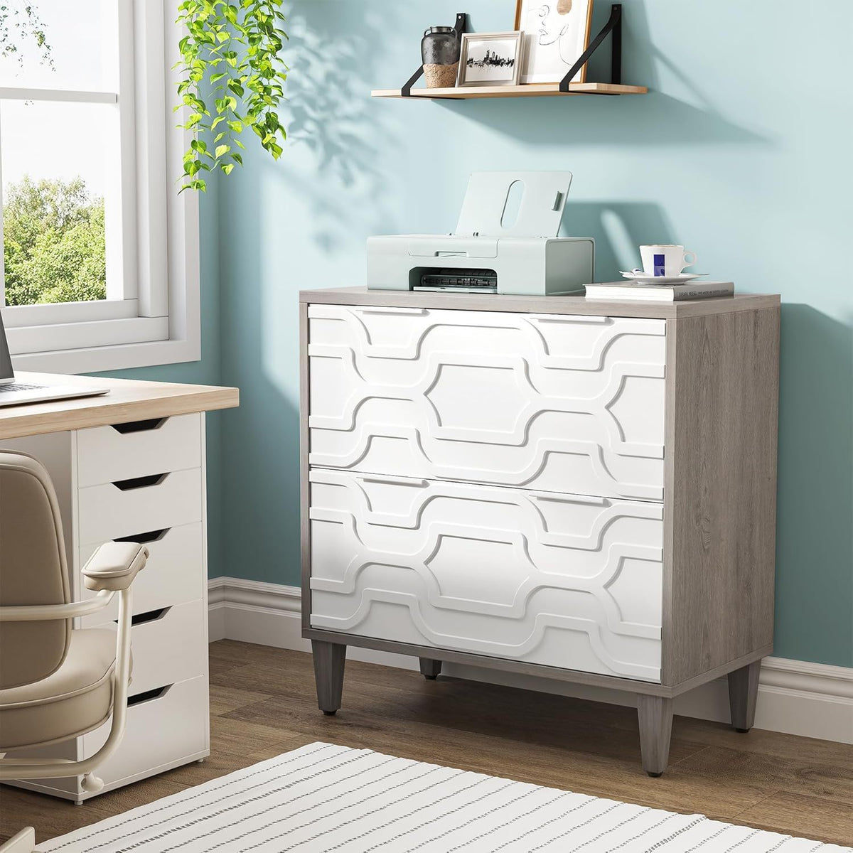 2 Drawer Lateral File Cabinet with Dual-Space Drawers - Gray / White