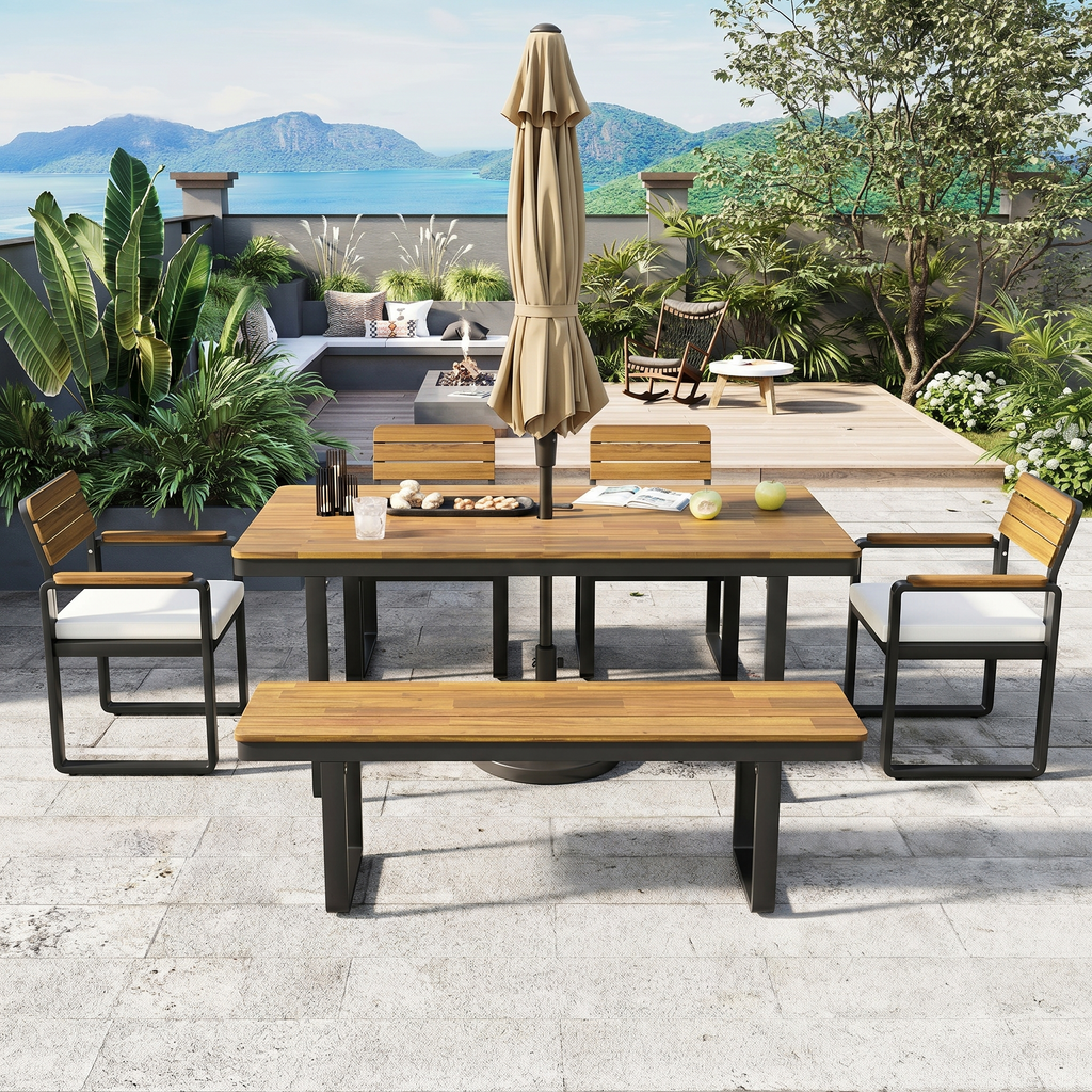 6-Piece Outdoor Dining Set with Acacia Wood - Beige or Gray
