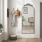 Vintage Arched Full Body Mirror with Carved Applique - Bronze or Pearl Silver