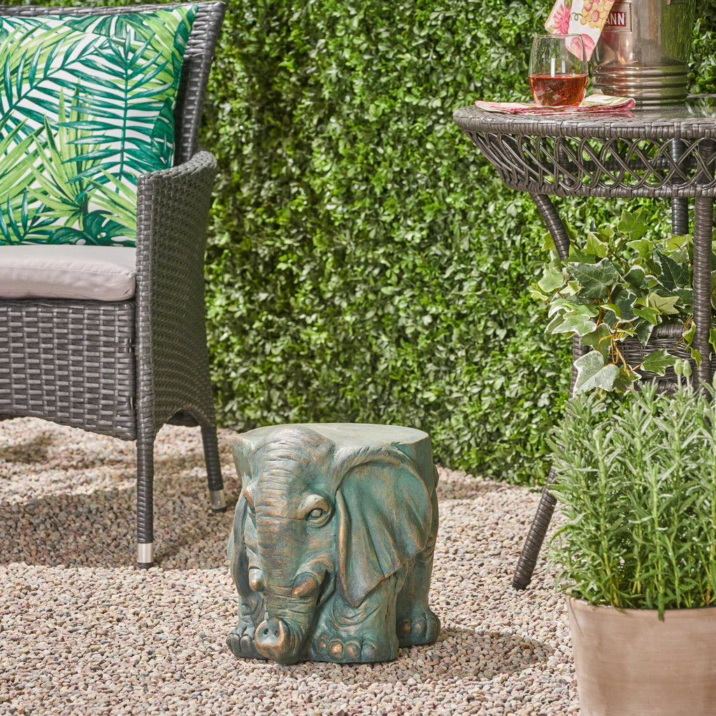 Elephant Garden Stool with Distressed Copper Patina Finish - Outdoor Accent Table