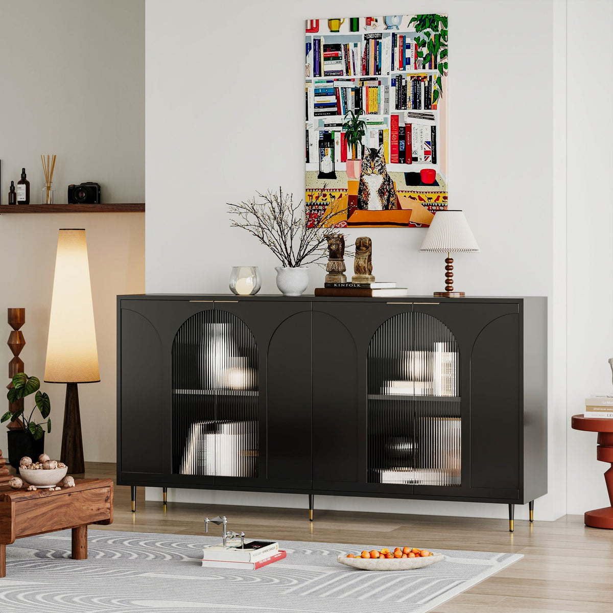 Lacquered Wooden Sideboard with 4 Glass Doors - Black