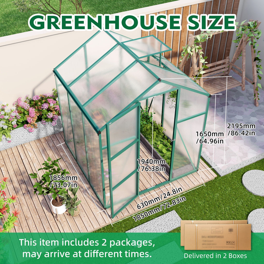 Polycarbonate Walk-In Greenhouse with Raised Base - Green