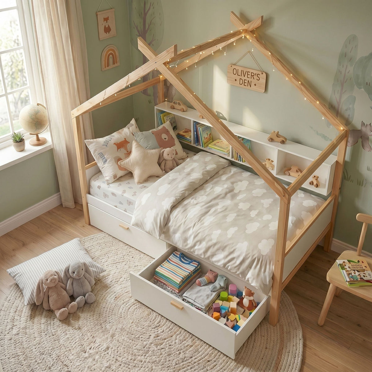 House Bed With Bookshelf Storage and Integrated Shelves - White