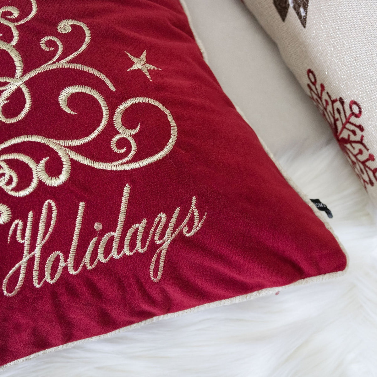 Red Velvet Holiday Pillow with Gold Embroidery - Red