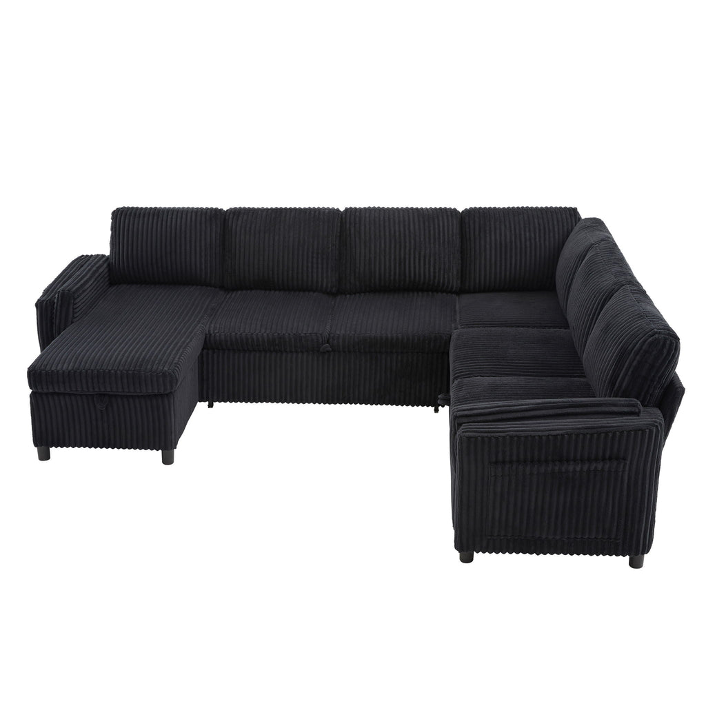 Convertible U-Shaped Sectional Sofa Bed with USB Ports and Storage – Black, Dark Gray, Blue