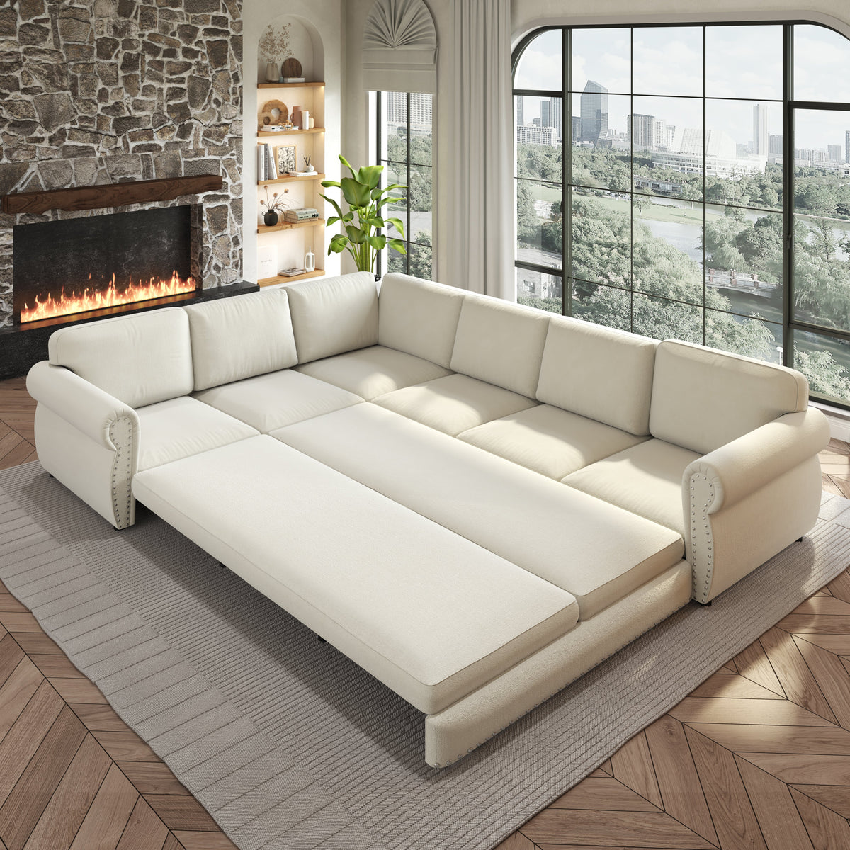 118" L-Shaped Convertible Sofa Bed with Pull-Out Bed - Chenille