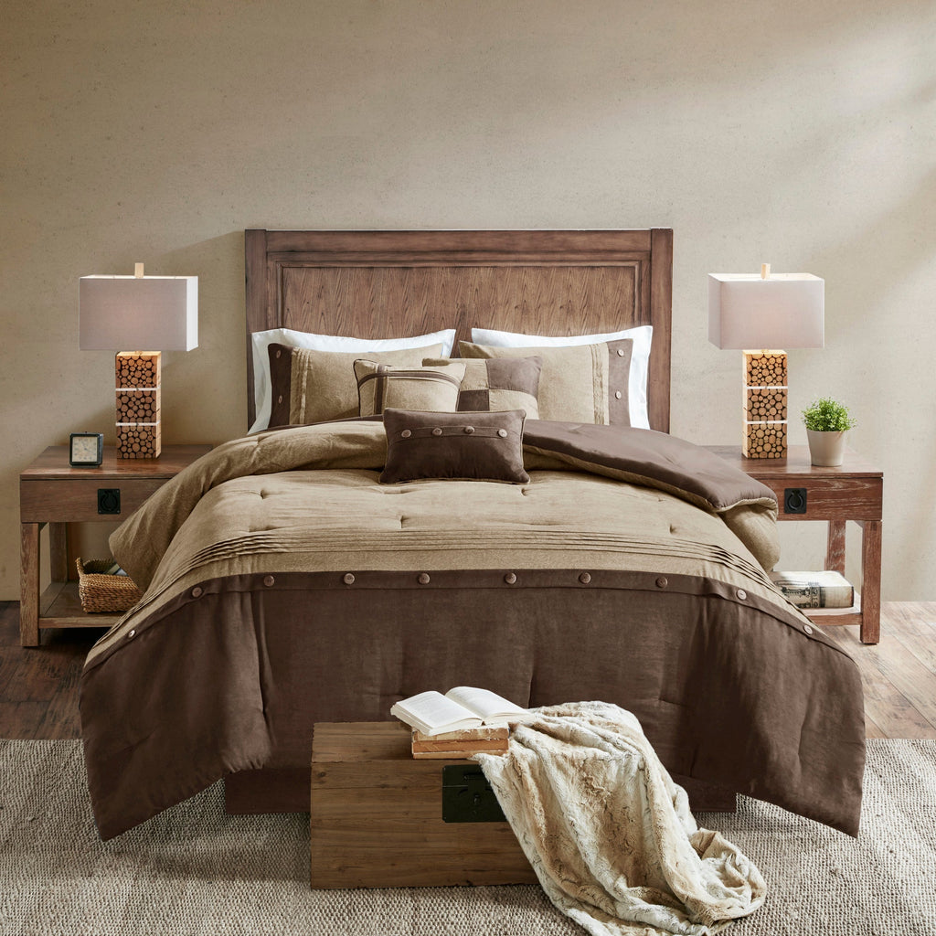 Faux Suede Comforter Set with Decorative Pillows - Brown